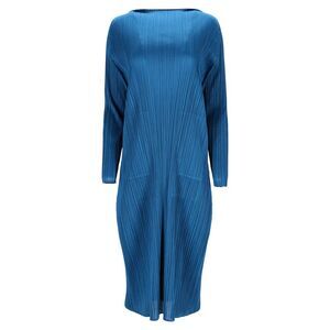 Issey Miyake Pleated Midi Boat Neck Dress in Blue Polyester